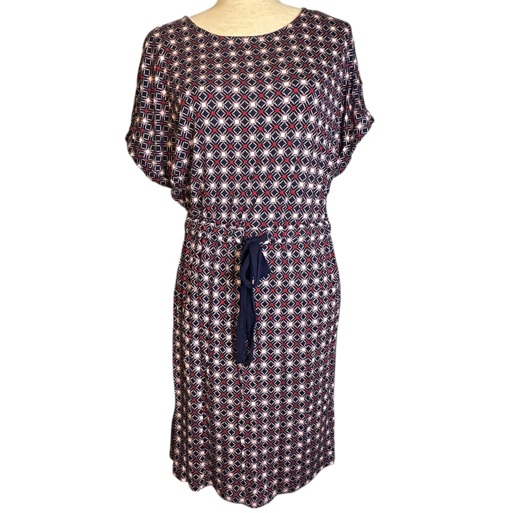 Como Blu Geometric Tie Waist Dress Dolman Sleeve Stretchy Casual Patriotic NWT S